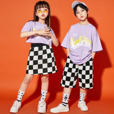 [COD] Childrens checkerboard vest hip-hop performance suit boy cool handsome trendy summer girl dance costume