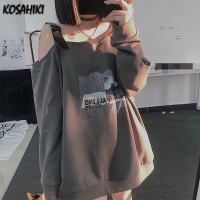 KOSAHIKI Sexy Y2k Belted Off Shoulder Hoodies Women Harajuku Gothic Loose Tops Sweatshirts  New Korean Fashion Sudaderas