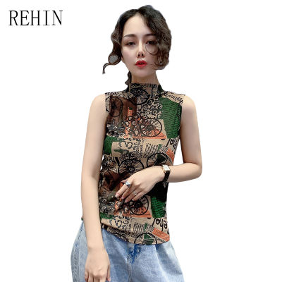 REHIN เสื้อยืดแขนกุดทรงสูงของผู้หญิง,เสื้อเบลาส์พิมพ์ลายเวอร์ชันบางและบางคอแฟชั่นใหม่ฤดูใบไม้ผลิปี2022
