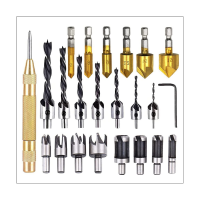 23-Pack Woodworking Chamfer Drilling Tool Set Wood Plug Cutter Three-Pointed Countersink Drill Bit