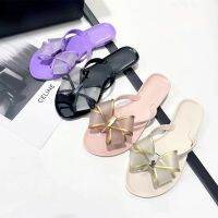 New cross-border mei/Sally jelly flip-flops two-color bronzing bowknot beach wear slippers female crystal