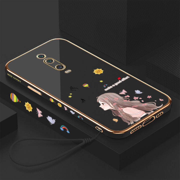 คลังสินค้าพร้อม-เคสเคสมือถือสำหรับ-k20-xiaomi-redmi-พร้อมฟรีสายคล้อง-การ์ตูนผีเสื้อหญิงสาวเคสขอบสี่เหลี่ยมชุบฝาหลังนิ่ม