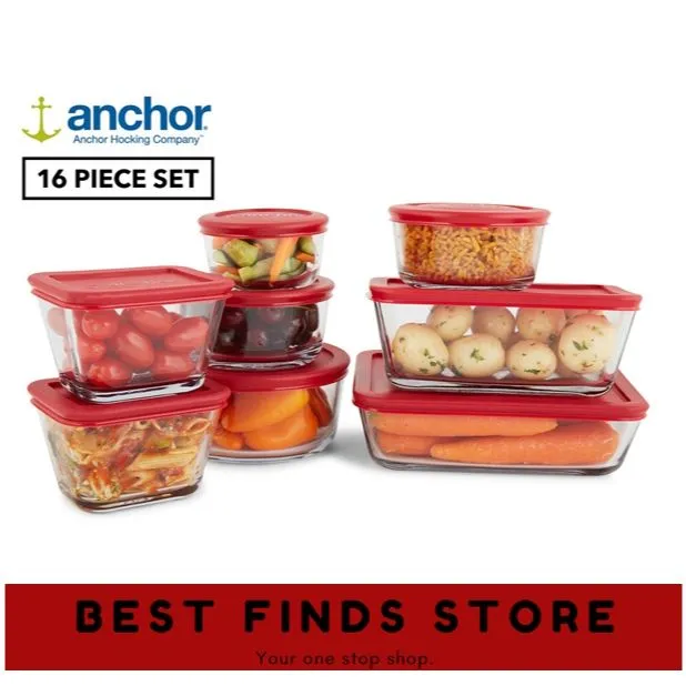 Anchor Hocking Classic Glass Food Storage Containers with Lids, Red, 2 Cup