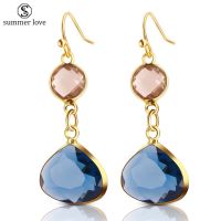 New Fashion Crystal Earrings for Women Rhinestone Blue/Pink Glass Copper Sweet Metal Ear Earrings for Girl Valentines Day Gift