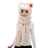 3 In 1 Winter Warm Women Plush Warm Scarf Hat Glove Ladies Girls Caps Soft Windproof Scarf Bear Ear R7RF