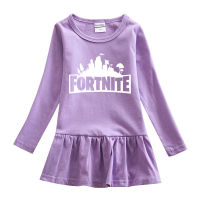 Fortnitesเด็กชุดจีบหญิงเสื้อแขนยาวA-Lineชุดเกาหลีชุดเดรสลายการ์ตูนเจ้าหญิงแขนยาวผ้าฝ้ายฤดูใบไม้ผลิแฟชั่นCasual Hem Lotusชุดเดรสลายใบไม้