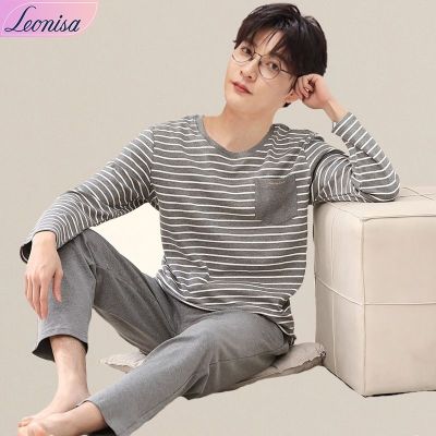 MUJI High quality Leonisa pajamas mens spring and autumn cotton long-sleeved mens new large size pullover youth home service suit