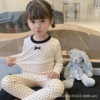 【Ready Stock】 ✘ C22 Baby Pajamas Childrens Air-conditioning Suit Two-piece Girls Bow Polka Dot Pattern Pajamas