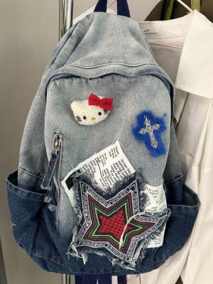 New Gradient Denim Backpack Female Kitty Hello Kitty Large Capacity Student Campus School Bag Gift Sanrio Bag