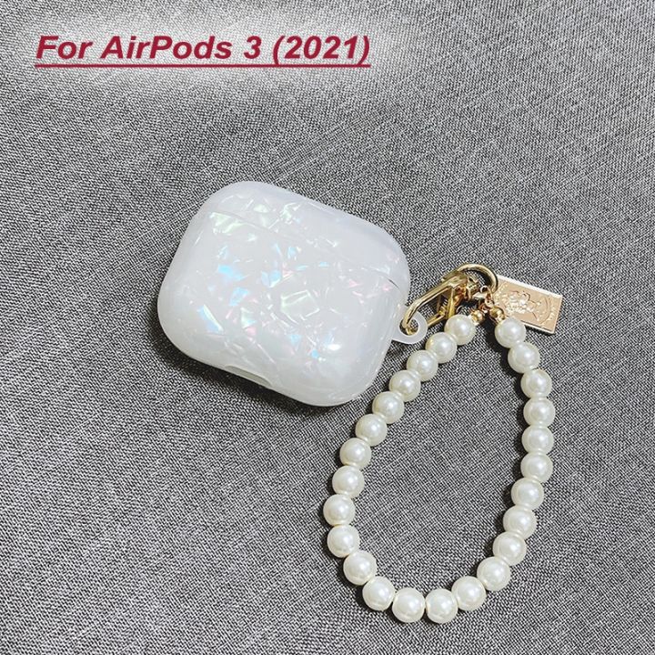 ฝันสีขาวเปลือกมันวาวมุกสร้อยข้อมือพวงกุญแจหูฟังเคสนุ่มสำหรับ-apple-airpods-1-2-pro-3กล่องชุดหูฟังไร้สายปก