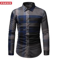 FGKKS 2023 New Button Down Mens Plaid Cotton Mens Dress Shirts Male Long Sleeve Slim Fit Business Casual Floral Man Shirt