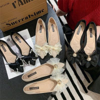 Bowknot Pointy Single Shoe Fashion Spring 2022 New Fairy Style Flat Evening Shoe Lace Shallow Mouth Pea Woman Shoes