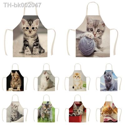 ๑ Kitchen Apron Lovely Cat Printed Linen Aprons for Men Women Home Cleaning Tools Cooking Baking Accessories Delantal Cocina