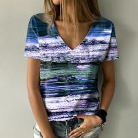 2022 Summer Elegant Womens Abstract Painting T shirt Tie Dye Print V Neck Basic Tops Green Blue Purple 3D Print