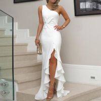 ۩♂㍿ Party Dress Sexy Women Slim One Shoulder Ruffle Large Swing Slit Evening Maxi For Wedding