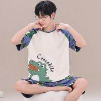 Summer Cartoon Dinosaurs Mens Pajamas Casual Short Tops Lattice Short Pants Sets Pyjamas Men Sleepwear Pijamas Homewear Fashion