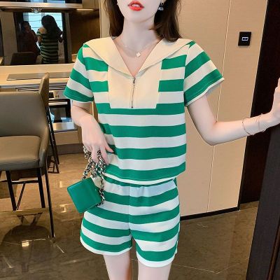 [Spot] Fashion suit womens summer New loose striped sailor collar short-sleeved T-shirt short pants two-piece set 2023