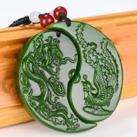 Chinese Green Jade Dragon Phoenix Jade Pendant Jewelry Lucky Auspicious Amulet Jade Necklace Pendants Jade Fine Jewelry