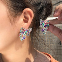 SEQUITO Vivid Hand ฝัง AAA Blue Purple Cubic Zirconia Stone White Gold Plated Statement Symmetric Butterfly Big Stud Earrings For Women Designer Pageant Party Ear Jewelry SE643TH