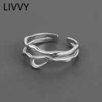 LIVVY Silver Color Irregular Hollow Double Line Geometric Ring Female Simple Unique Design Fashion Adjustable Jewelry