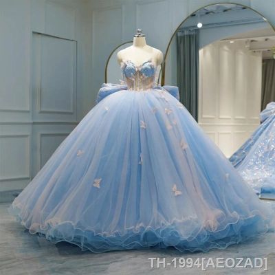 ❃✾✹ AEOZAD Vestidos Quinceanera brilhantes azul-céu renda floral borboleta festa de aniversário da princesa baile 15 anos