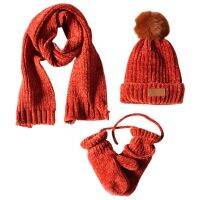 3 In 1 Toddler Kids Winter Ribbed Knit Warm Hat Scarf Gloves Set Solid Color Beanie Cap Shawl Mittens with String 2-8T