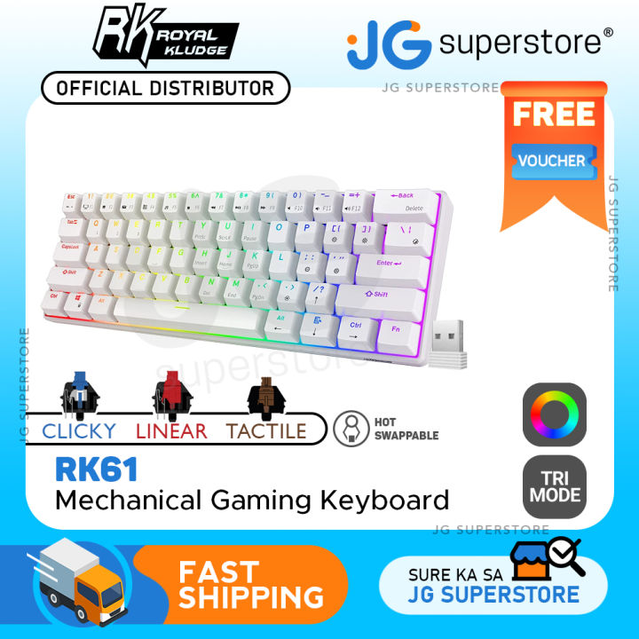 Royal Kludge RK RK61 RGB Keys Gaming Keyboard 2.4G Wireless Wired Hot Swappable with Bluetooth 5.0 (White, Black) (Available Blue Clicky, Red Linear, and Brown Tactile Switch) | JG