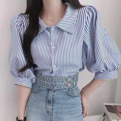 Korean chic spring minority all-match lapel single breasted design loose puff sleeves striped shirt top for women 2023