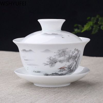 } ”| 》? Jingdezhen ถ้วยน้ำชาชาทำมือเซรามิก Gaiwan ถ้วยชาบูติกถ้วยน้ำชาเครื่องลายครามจีนอุปกรณ์เสริมแก้วน้ำ