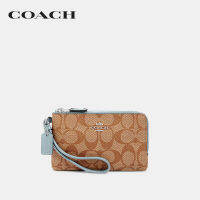 COACH กระเป๋าคล้องมือผู้หญิงรุ่น Double Corner Zip Wristlet In Signature Canvas สีครีม 87591 SVCCH