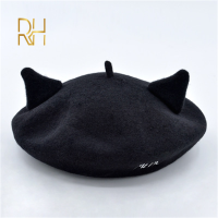 Cat Ears Wool Beret Artists Hat Autumn And Winter Cute Wool Bud Cap Embroidered Feather Hat Korean Letter For Women RH