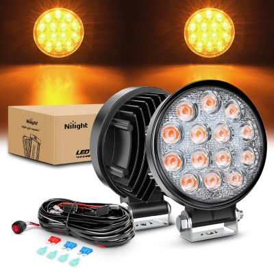 Nilight 4.5Inch 42W 4200LM Amber LED Light Pods Round Flood Light Off Road Lights Fog Lights Driving Roof LED Work Light with 16AWG Wiring Harness Kit-2 Leads,2 Years Warranty