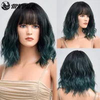 Short Green Wave Ombre Daily Hair Synthetic Wigs For White Women With Bangs Cosplay Heat Resistant Natural Female Fiber Wavy Wig Wig  Hair Extensions