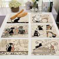 ☬ Bkack Cat Pattern Cotton Linen Pad Dining Table Mats Coaster Bowl Cup Mat Pattern Kitchen Placemat 42x32cm Home Decor MA0125