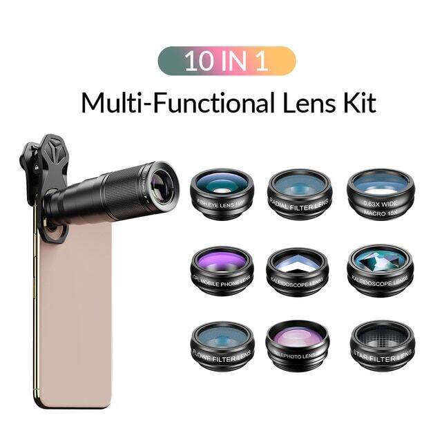 apexel-10-in-1-mobile-phone-lens-kit-22x-telephoto-fisheye-lens-wide-angle-macro-lens-cpl-star-flow-filters-for-all-smartphones