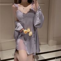 【 WYIN kitchen】 Purple Nighty amp;Robe Set Sexy Women Satin Bathrobe Gown Suit Sleepwear Summer Kimono Nightgown Casual Lace Home Dress Loungewear