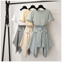 COD DSFGERRTYTRRE new 2023 summer casual two piece sets fashion women letter printed t shirt ans plaid skirts suits woman korean clothes 2 pcs set outfit