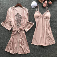 y nightgown and bathrobe woman Lacy Trim V-neck Embroidery Silk Satin pajamas and bathrobes With Padded Summer night kit