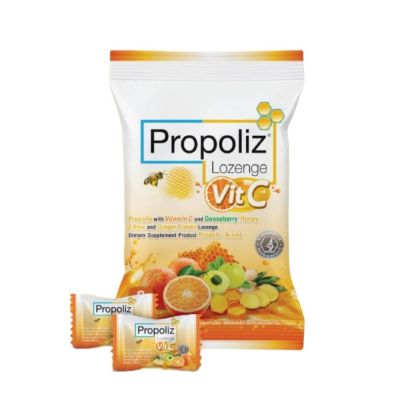 Propoliz Lozenge Vit C Gooseberry Honey Citrus Ginger โพรโพลิซ ชนิดเม็ดอม ลูกอม ผสมวิตามินซี รสมะขามป้อม น้ำผึ้ง มะนาว ขิง 60 mg จำนวน 1 ซอง บรรจุ 8 เม็ด