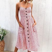 Casual Polka dot พิมพ์ Boho ชุดปุ่ม strappy ฤดูร้อนกลางลูกวัวชุดวันหยุด backless sundresses ผู้หญิง Robe Femmes