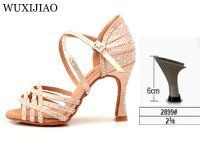 WUXIJIAO Women Salsa Party Ballroom Shoes Latin Dance Shoes Big Small Rhinestone Shining Skin Black Satin  Cuba Heel 9Cm