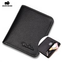 BISON DENIM Men Wallets Black Genuine Leather Purse For Men Business Card Holder Mens Wallet Mini N4429 Card Holders