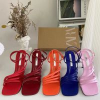 2023 ZARAˉSummer New Candy Color Square Toe Open Toe Buckle with Thin Heel Back Strap Fashion Sandals