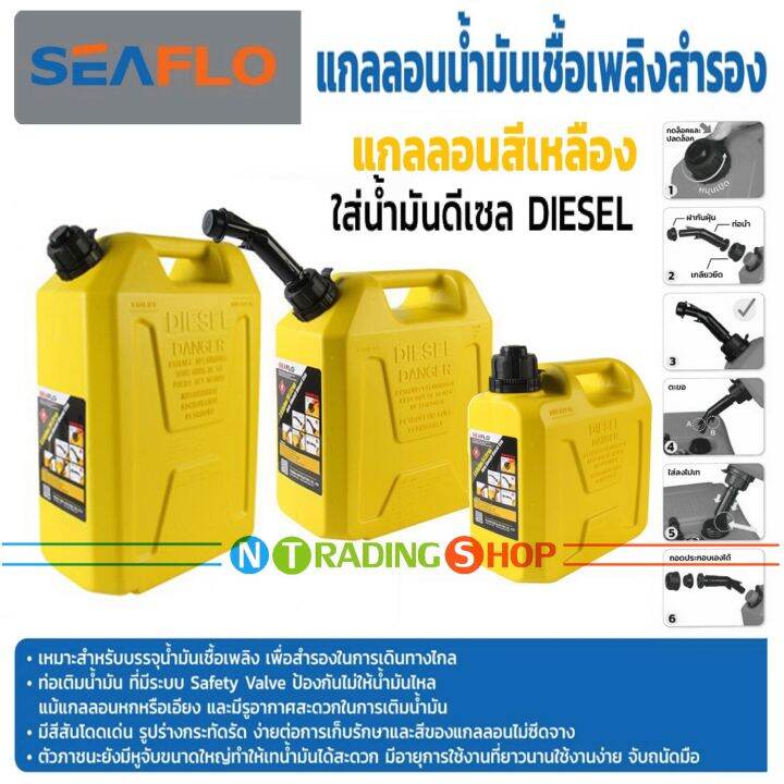 seaflo-แกลลอนน้ำมันเชื้อเพลิงสำรอง-ถังสำหรับบรรจุน้ำมันดีเซล-diesel-มีระบบ-safety-valve-ป้องกันไม่ให้น้ำมันไหลหก-ถังสีเหลือง-5-10-20-ลิตร