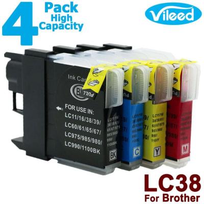 4 Pack LC38 BK C M Y Print Ink Cartridge Full Set for Brother DCP-145C DCP-165C DCP-195C DCP-375CW MFC-250C MFC-255CW MFC-257CW MFC-290C MFC-295CN Color Inkjet Printer - Compatible LC38BK Black + LC38C Cyan + LC38M Magenta + LC38Y Yellow
