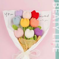 1pcs Hand-Knitted Multicolor Tulips Bouquet Homemade Crochet Finished Knitted Flower Valentines Mothers Teachers Day Gift