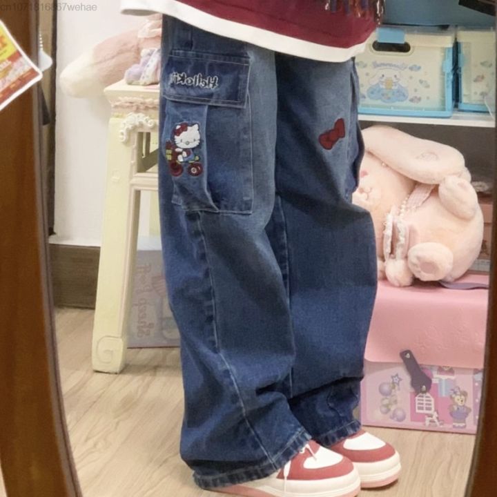 sanrio-กางเกงยีนส์ขายาวสำหรับผู้หญิงทรงหลวมสไตล์วินเทจสำหรับปักลาย-y2k-hello-kitty