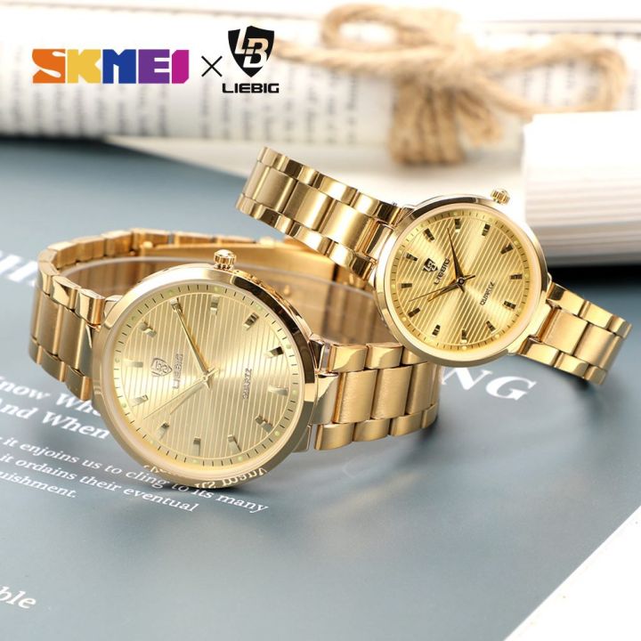 skmei-นาฬิกาข้อมือควอตซ์แฟชั่น-สายแสตนเลส-สีทอง-หรูหรา-สําหรับผู้ชายและผู้หญิง-ฟรีกล่อง