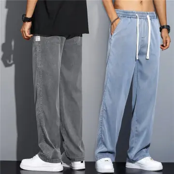 Thin Soft Lyocell Fabric High-end Loose Straight Leg Men's Jeans 2023  Summer Pants Light Blue Denim Large Size