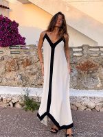 HOT★V-neck Panelled Beach Dress Women Silk Sleeveless Backless Irregular Hem Straight Long Dresses Summer Holiday White Lady Robe